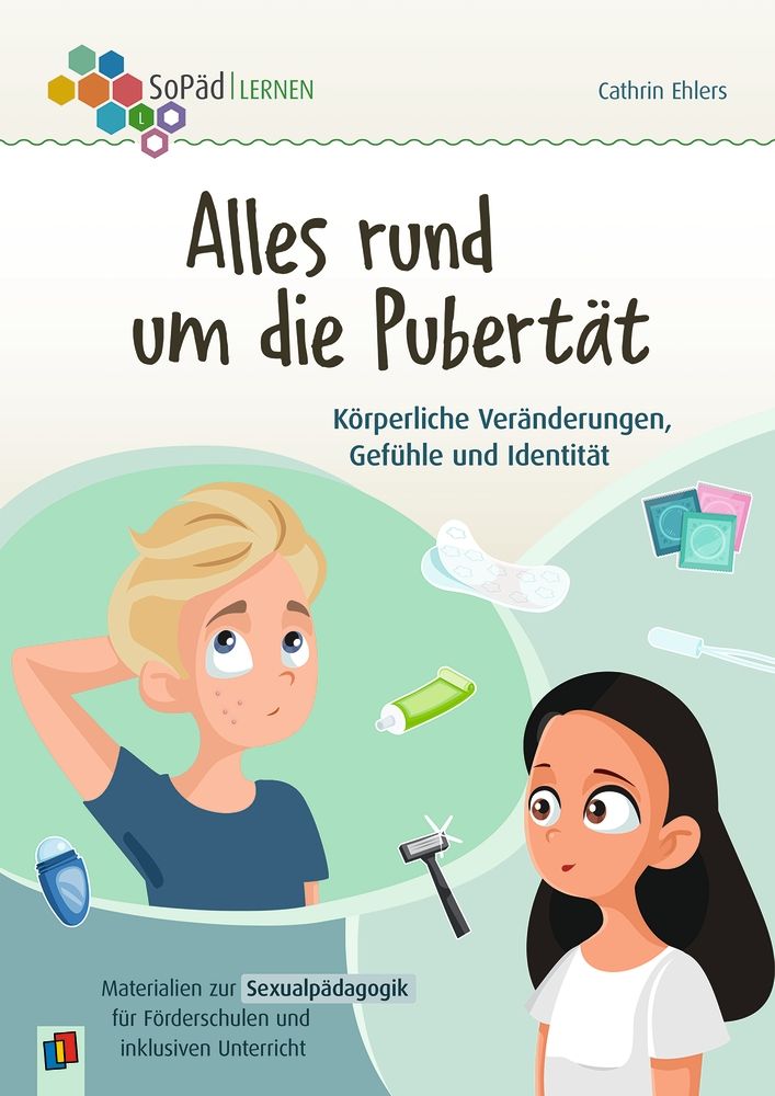 Titelbild eines Lernmaterials mit dem Titel ‚Alles rund um die Pubertät‘. Der Untertitel lautet: ‚Körperliche Veränderungen, Gefühle und Identität‘. Zu sehen sind zwei gezeichnete Kinder. Um sie herum sind Symbole für körperliche Veränderungen und Körperpflege angeordnet.