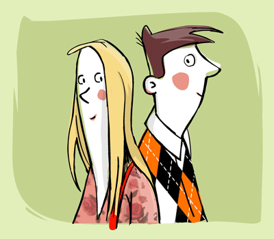 Illustration von zwei jungen Menschen, die Rücken an Rücken stehen und in entgegengesetzte Richtungen schauen. Links steht eine Person mit langen blonden Haaren, rechts eine Person mit kurzen braunen Haaren und Krawatte. Beide wirken ruhig und nachdenklich. Der Hintergrund ist hellgrün.