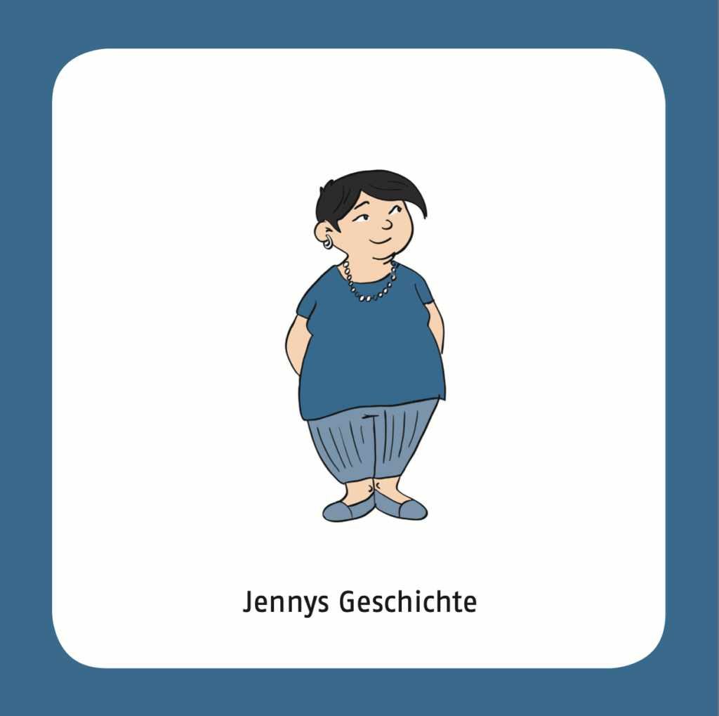 Illustration einer einzelnen gezeichneten Person auf hellem Hintergrund. Die Person hat kurze dunkle Haare und trägt ein blaues Oberteil, einen grauen Rock, eine Kette und flache Schuhe. Die Person steht locker da und schaut leicht zur Seite. Unter der Illustration steht der Titel: ‚Jennys Geschichte‘.