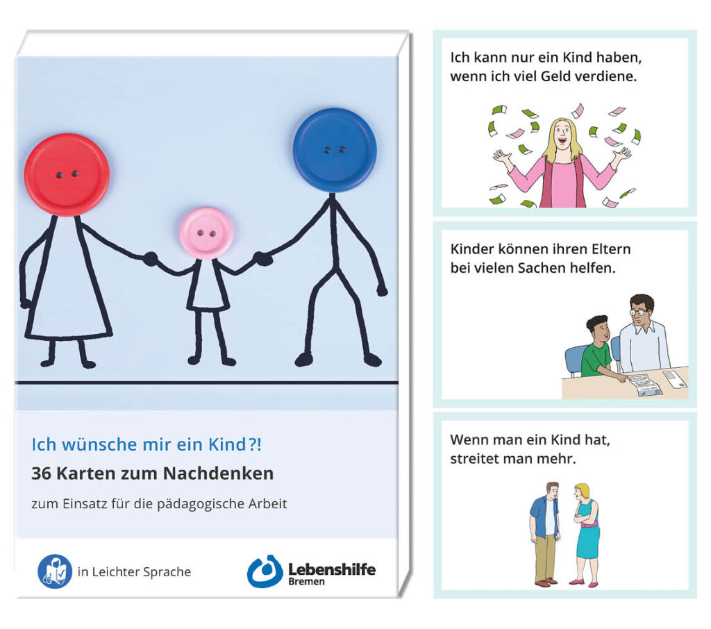 Abbildung eines Kartensets in Leichter Sprache. Links ist die Verpackung zu sehen: Drei stilisierte Figuren aus Knöpfen stellen zwei Erwachsene und ein Kind dar, die sich an den Händen halten. Darunter steht der Titel ‚Ich wünsche mir ein Kind?! – 36 Karten zum Nachdenken‘ sowie der Hinweis ‚zum Einsatz für die pädagogische Arbeit‘. Unten sind die Logos für Leichte Sprache und ‚Lebenshilfe Bremen‘ zu sehen. Rechts sind drei Beispielkarten abgebildet mit kurzen Texten und Illustrationen, unter anderem zu Geld und Kinderwunsch, zur Unterstützung von Eltern durch Kinder und zu Streit in Familien.
